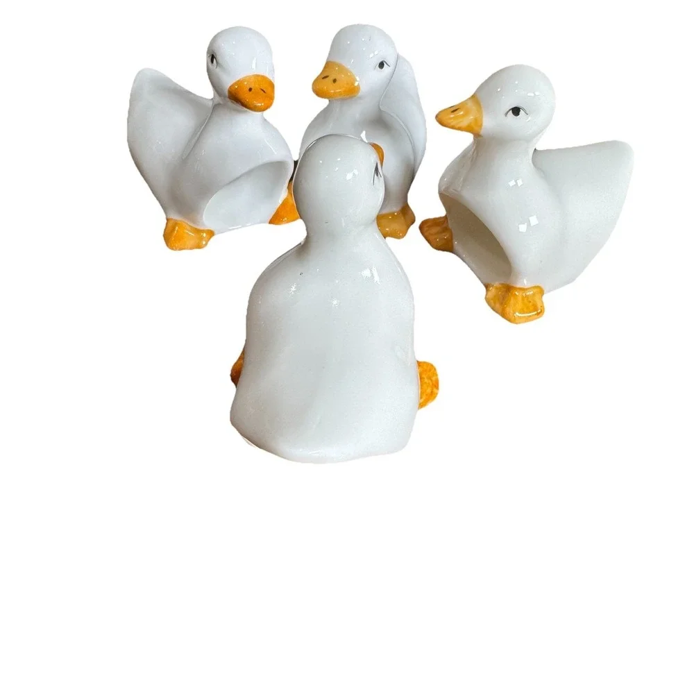 4 Adorable Vtg Cottage Core Ceramic White Duck Goose Geese Napkin‎ Rings Holders